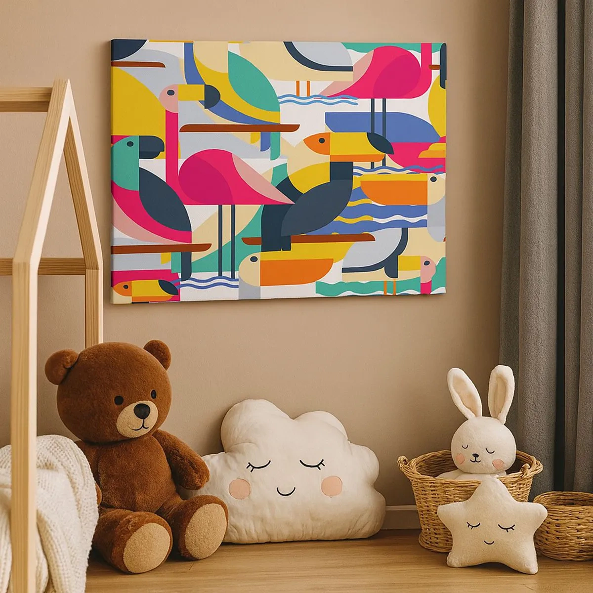 Bild auf Leinwand - Leinwandbild - Bunte Vögel in einer abstrakten, geometrischen Komposition - 70x50cm - Vogelparty - Moderne Wanddekoration für Wohnzimmer und Schlafzimmer ARTTOR