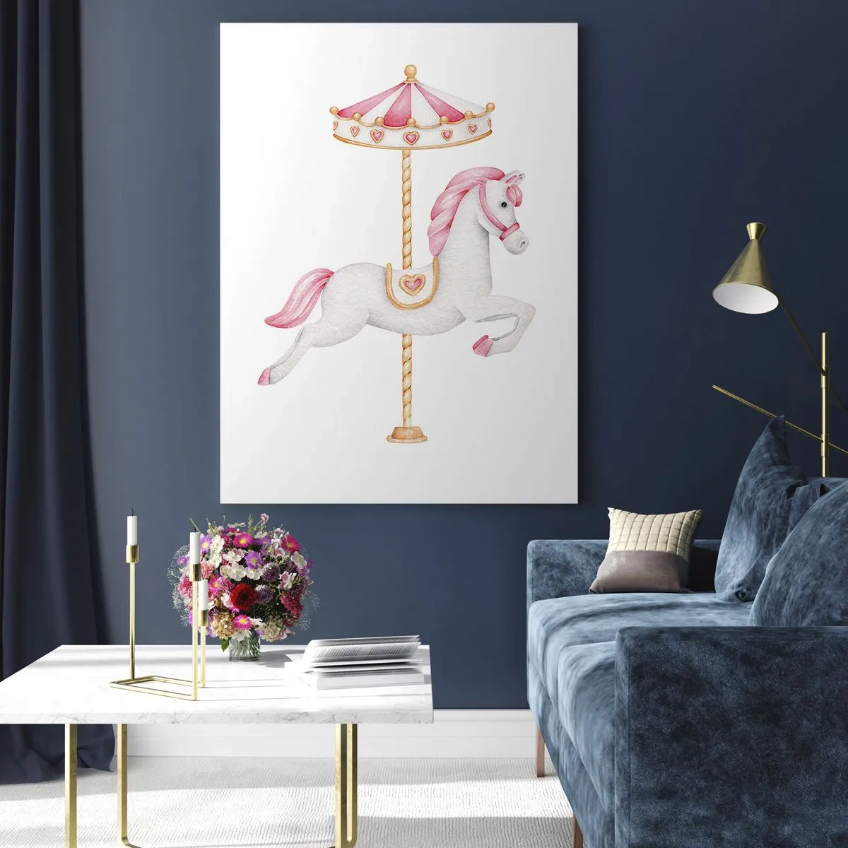 Glasbild - Bild auf glas - Rosa und weißes Karussellpferd auf weißem Hintergrund - 50x70cm - Er legte los - Moderne Wanddekoration für Wohnzimmer und Schlafzimmer ARTTOR