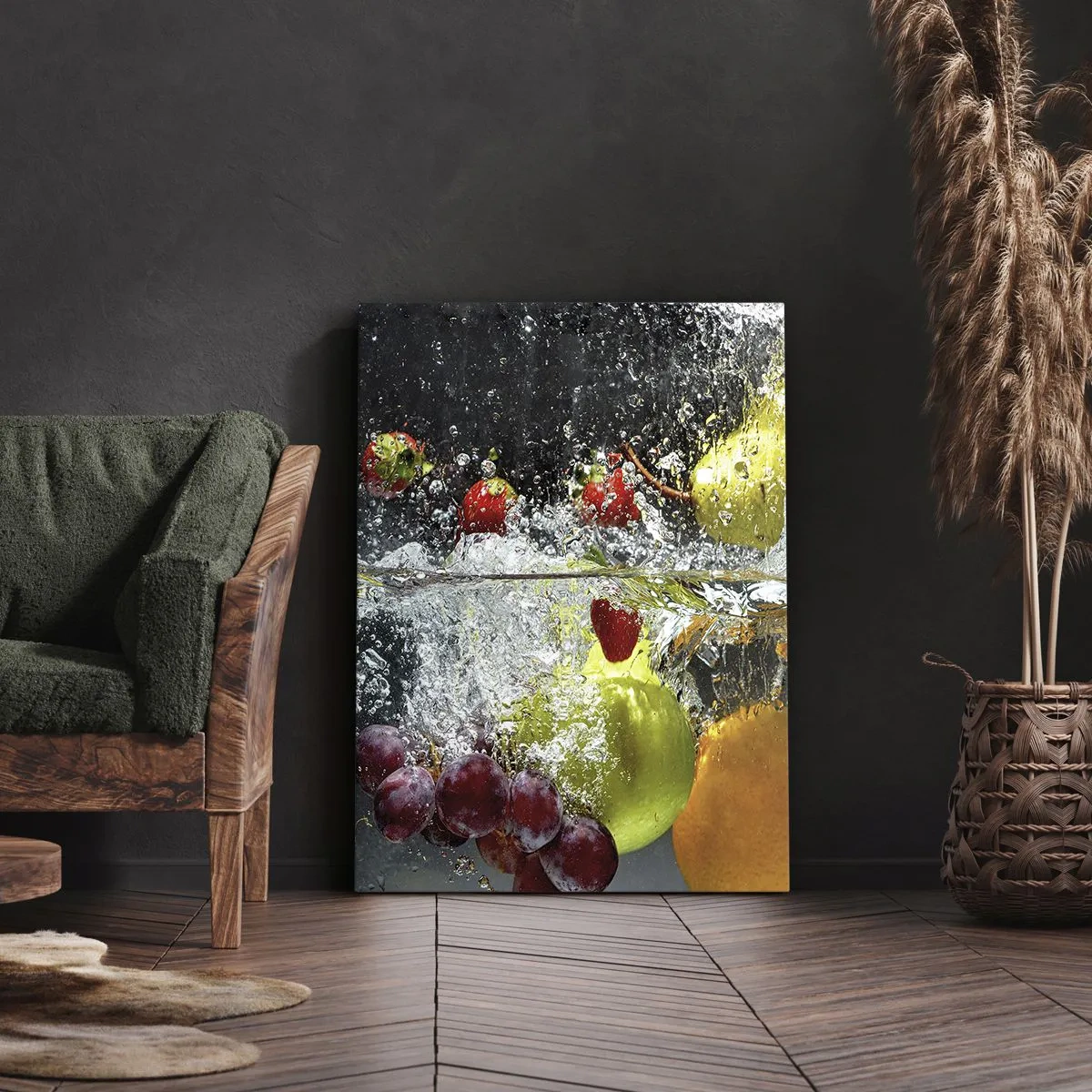 Bild auf Leinwand - Leinwandbild - Bunte Früchte im Wasser bei dynamischer Immersion - 50x70cm - Fruchterfrischung - Moderne Wanddekoration für Wohnzimmer und Schlafzimmer ARTTOR