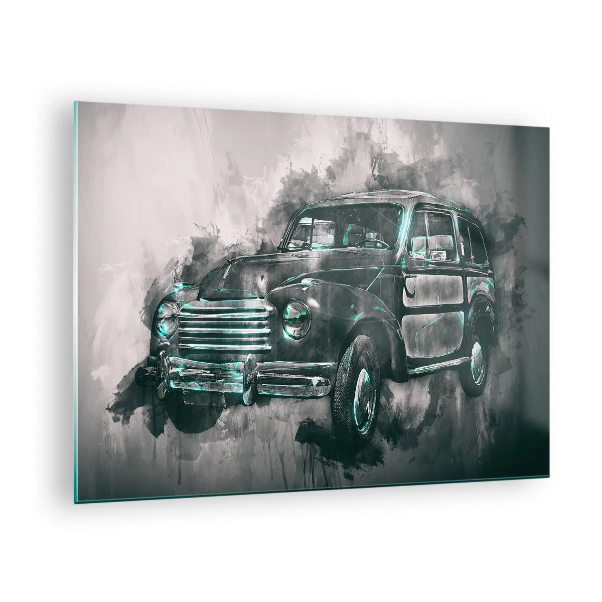 Glasbild - Bild auf glas - Ein altes Auto in Grau- und Türkistönen - 70x50cm - Geehrter Vorfahr - Moderne Wanddekoration für Wohnzimmer und Schlafzimmer ARTTOR