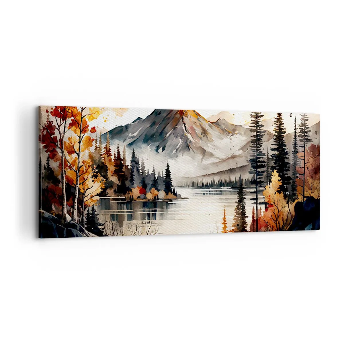 Bild auf Leinwand - Leinwandbild - Herbstliche Berglandschaft mit See und Bäumen in Aquarell - 120x50cm - Goldener Herbst in den Bergen - Moderne Wanddekoration für Wohnzimmer und Schlafzimmer ARTTOR