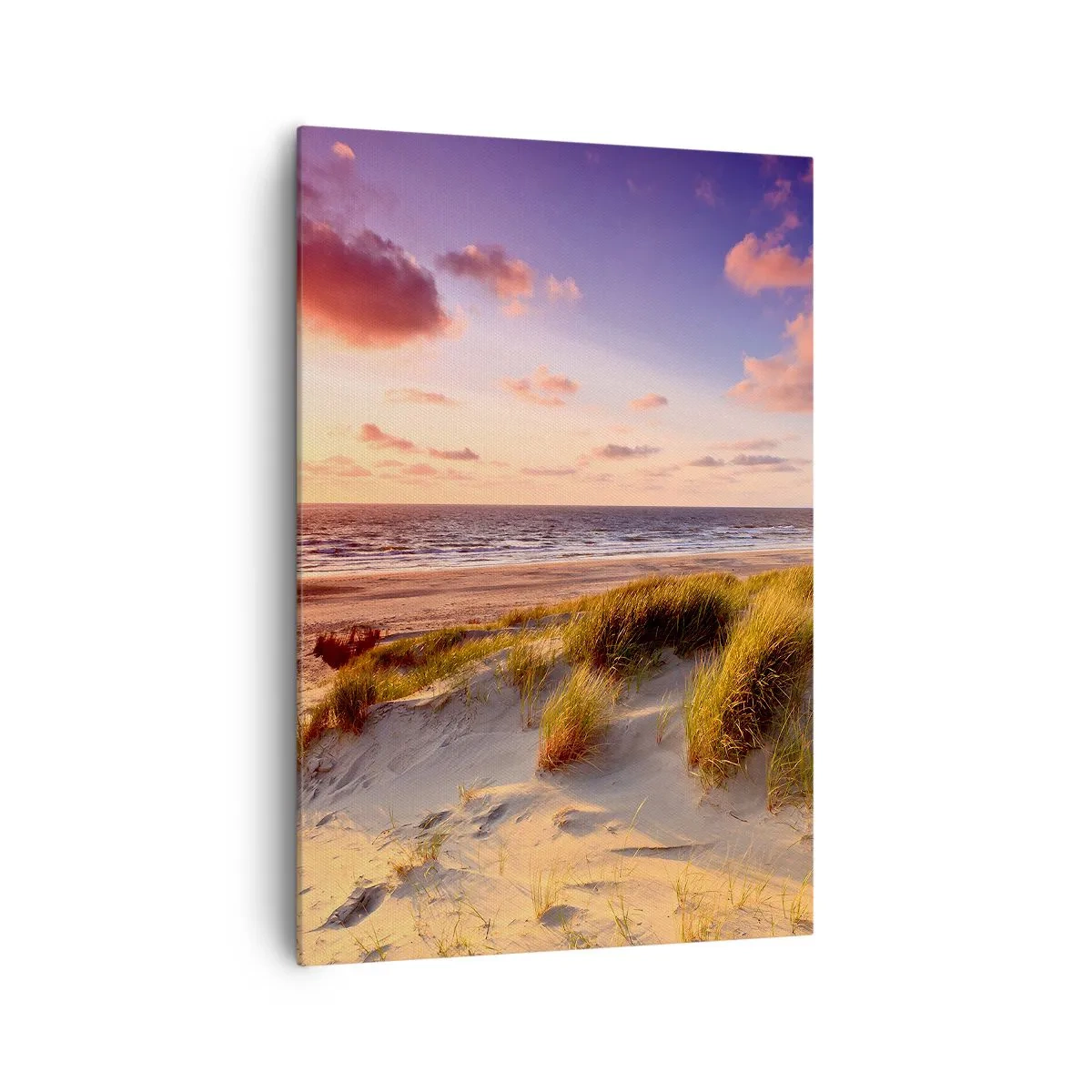 Bild auf Leinwand - Leinwandbild - Ein grasbewachsener Strand und ein Sonnenuntergang über einem ruhigen Meer - 70x100cm - Die Luft riecht schon im Sommer - Moderne Wanddekoration für Wohnzimmer und Schlafzimmer ARTTOR