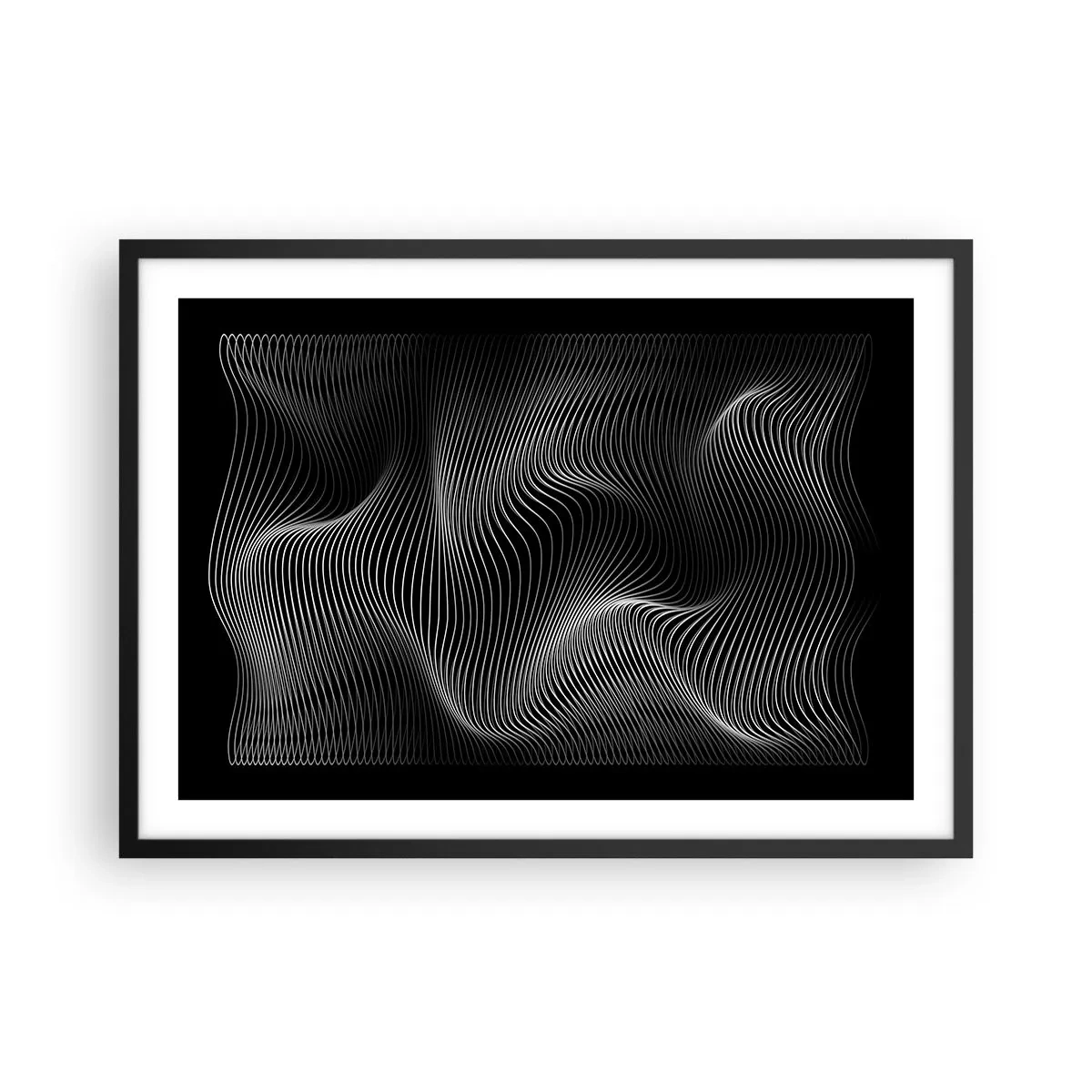 Poster in einem schwarzem Rahmen - Abstrakte weiße Linien auf schwarzem Hintergrund - 70x50cm - Lichttanz im Raum - Moderne Wanddekoration für Wohnzimmer und Schlafzimmer ARTTOR