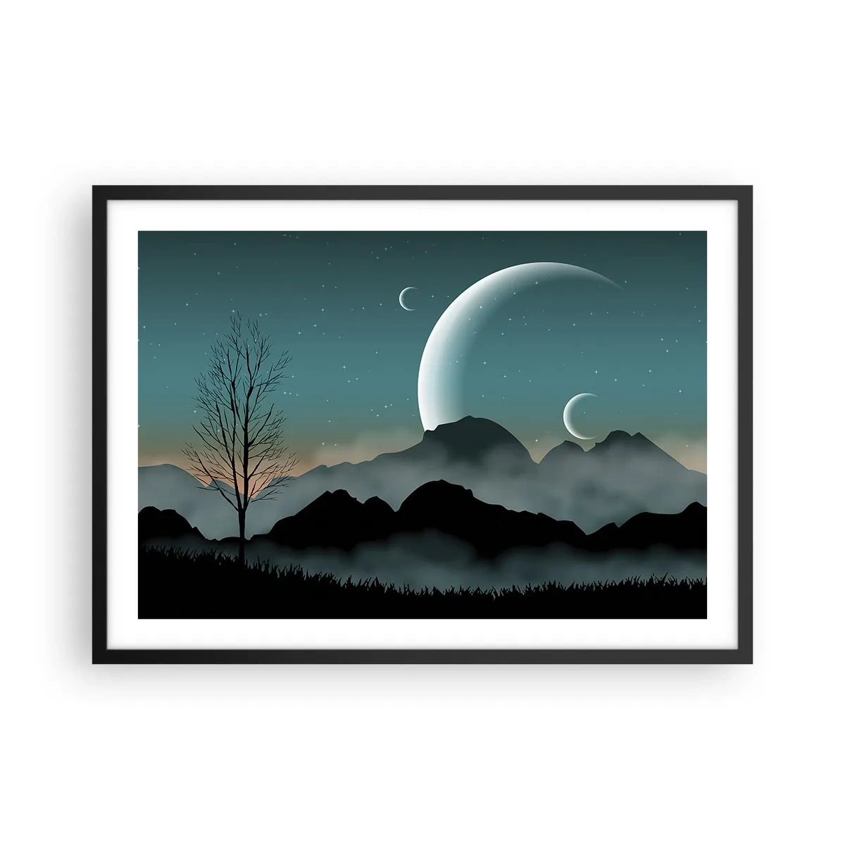 Poster in einem schwarzem Rahmen - Neblige Berge mit dem Mond und einem einsamen Baum - 70x50cm - Karneval in der Sternenacht - Moderne Wanddekoration für Wohnzimmer und Schlafzimmer ARTTOR