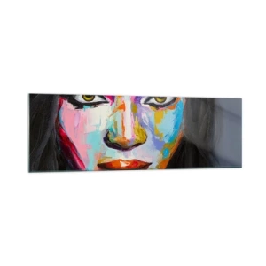 Glasbild - Bild auf glas - Ein farbenfrohes Porträt einer Frau mit intensivem Blick - 160x50cm - Es ist unmöglich die Augen abzuwenden - Moderne Wanddekoration für Wohnzimmer und Schlafzimmer ARTTOR
