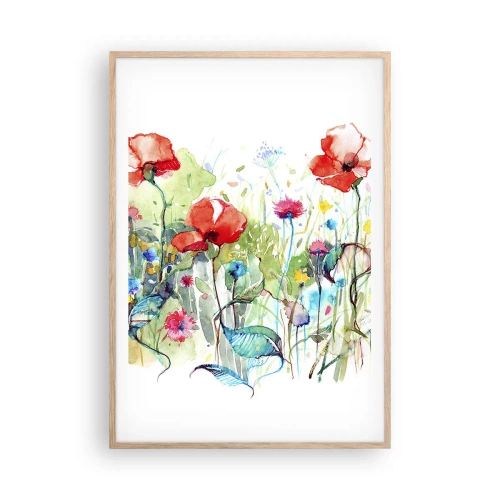 Poster in einem Rahmen aus heller Eiche - Blühende Maiwiese - 70x100 cm