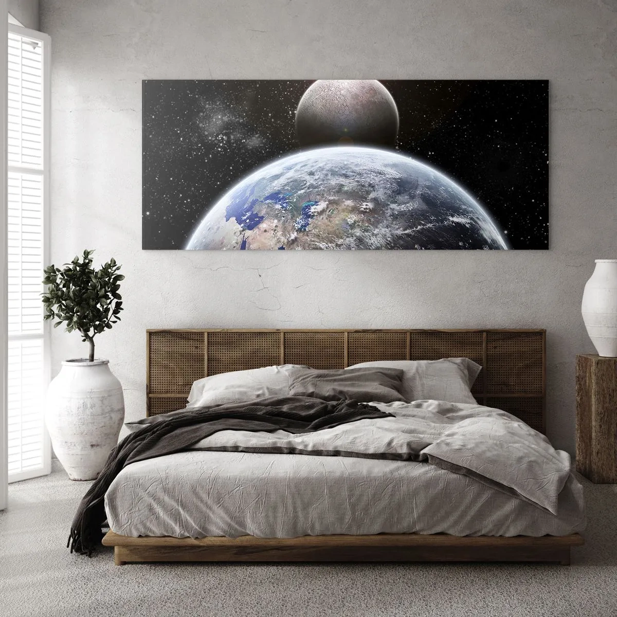 Glasbild - Bild auf glas - Planet Erde und Mond vor dem Hintergrund des sternenklaren Weltraums. - 140x50cm - Weltraumlandschaft - Sonnenaufgang - Moderne Wanddekoration für Wohnzimmer und Schlafzimmer ARTTOR