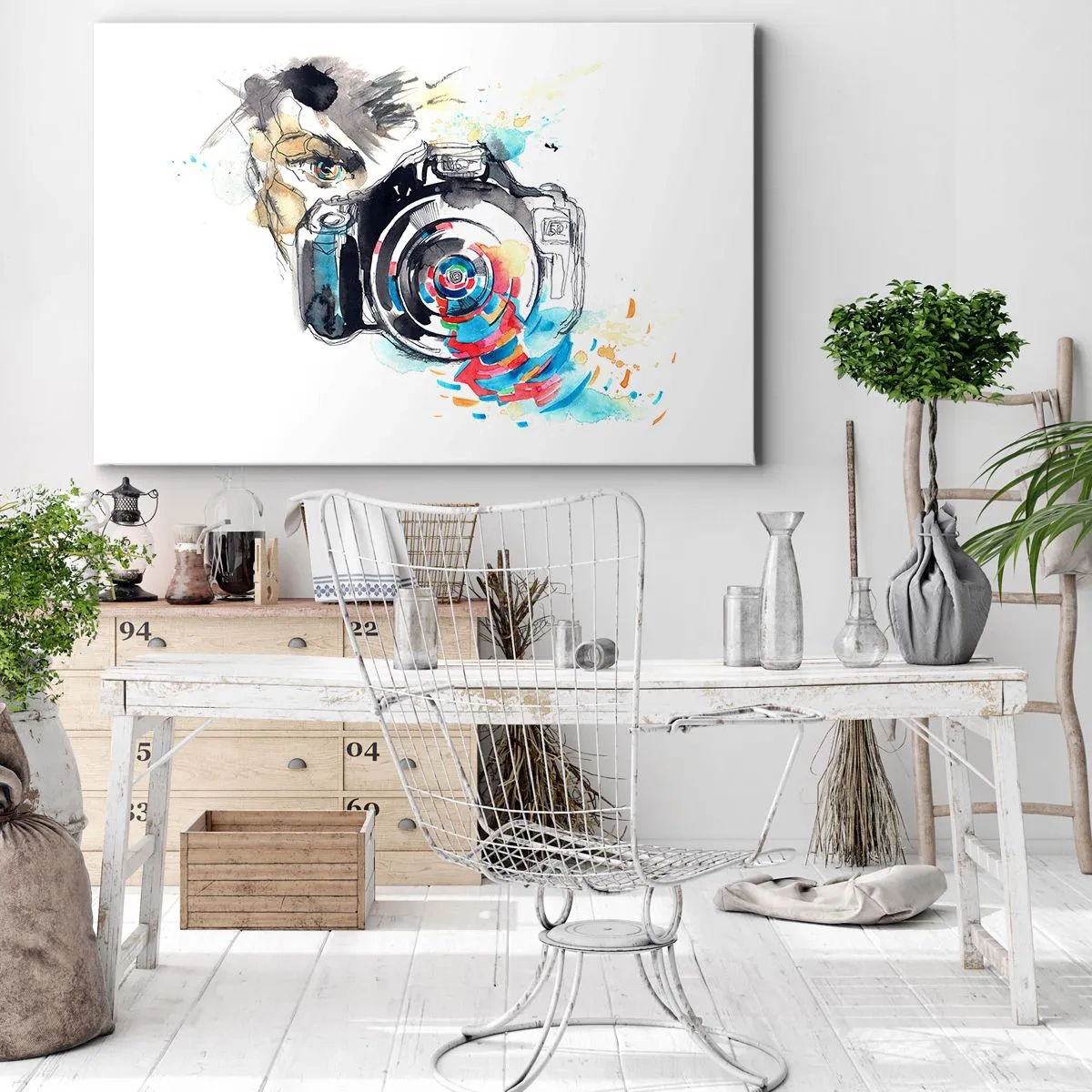 Bild auf Leinwand - Leinwandbild - Aquarellkamera mit farbenfrohen Details - 70x50cm - Im Auge der Linse - Moderne Wanddekoration für Wohnzimmer und Schlafzimmer ARTTOR