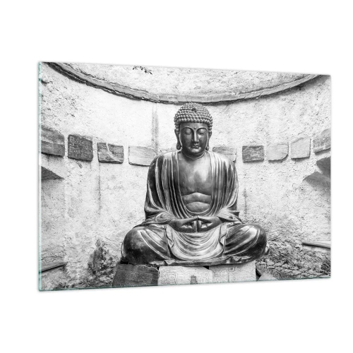 Glasbild - Bild auf glas - Schwarz-weiße Buddha-Statue in meditativer Pose - 120x80cm - An der Quelle des Friedens - Moderne Wanddekoration für Wohnzimmer und Schlafzimmer ARTTOR