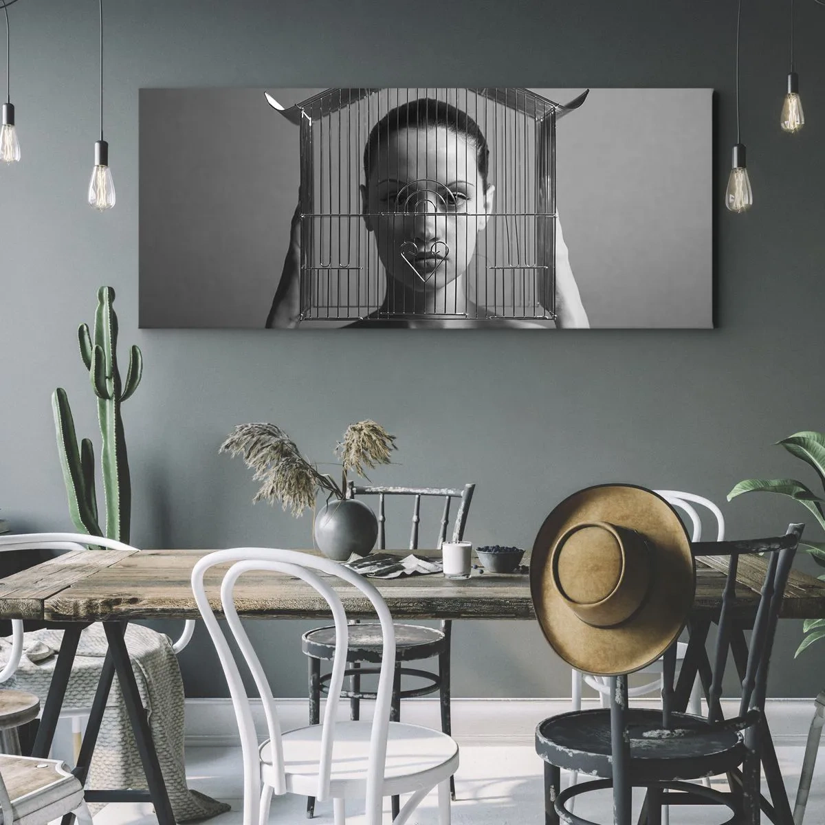 Bild auf Leinwand - Leinwandbild - Frau hinter einem Käfig im surrealen Stil - 140x50cm - Ein leicht surreales Portrait - Moderne Wanddekoration für Wohnzimmer und Schlafzimmer ARTTOR