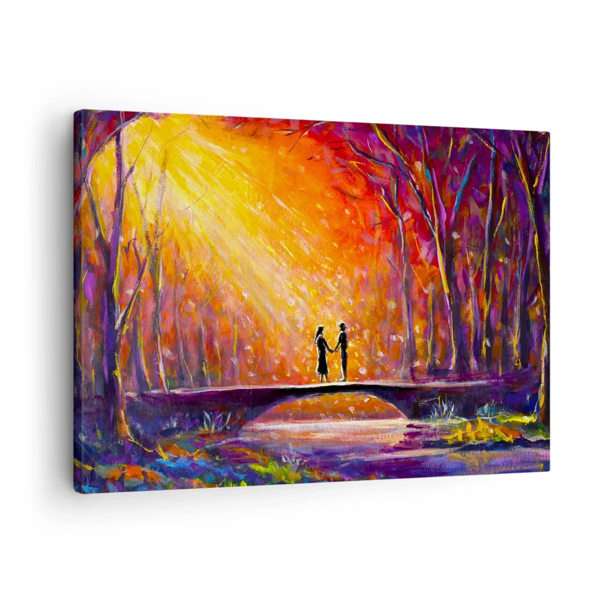 Bild auf Leinwand - Leinwandbild - Romantisches Paar auf einer Brücke im herbstlichen Wald - 70x50cm - Der Himmel liebt sie auch - Moderne Wanddekoration für Wohnzimmer und Schlafzimmer ARTTOR