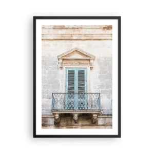 Poster in einem schwarzem Rahmen - Historischer Balkon mit blauen Fensterläden im mediterranen Stil - 50x70cm - Der einzigartige Charme Italiens - Moderne Wanddekoration für Wohnzimmer und Schlafzimmer ARTTOR