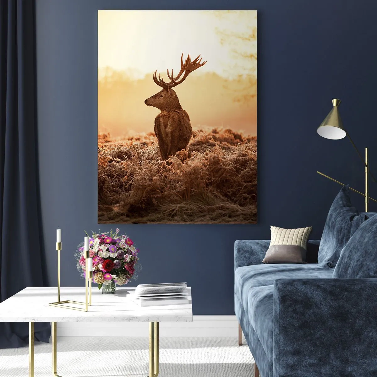 Glasbild - Bild auf glas - Hirsch vor dem Hintergrund eines Sonnenaufgangs in einer natürlichen Landschaft - 50x70cm - Herr im eigenen Land - Moderne Wanddekoration für Wohnzimmer und Schlafzimmer ARTTOR