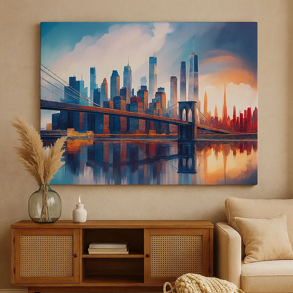 Bild auf Leinwand - Leinwandbild - New York City Panorama mit Brücke und Spiegelung im Wasser - 70x50cm - Traumhaftes New York - Moderne Wanddekoration für Wohnzimmer und Schlafzimmer ARTTOR