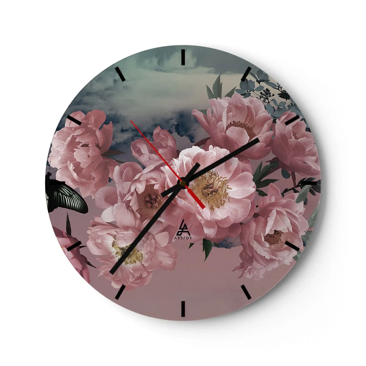 Wanduhr - Glasuhr - Rosa Pfingstrosen vor dem Himmel mit einem subtilen Schmetterling - 30x30cm - Der Höhepunkt der Romantik - Moderne Wanddekoration für Wohnzimmer, Küche und Schlafzimmer ARTTOR
