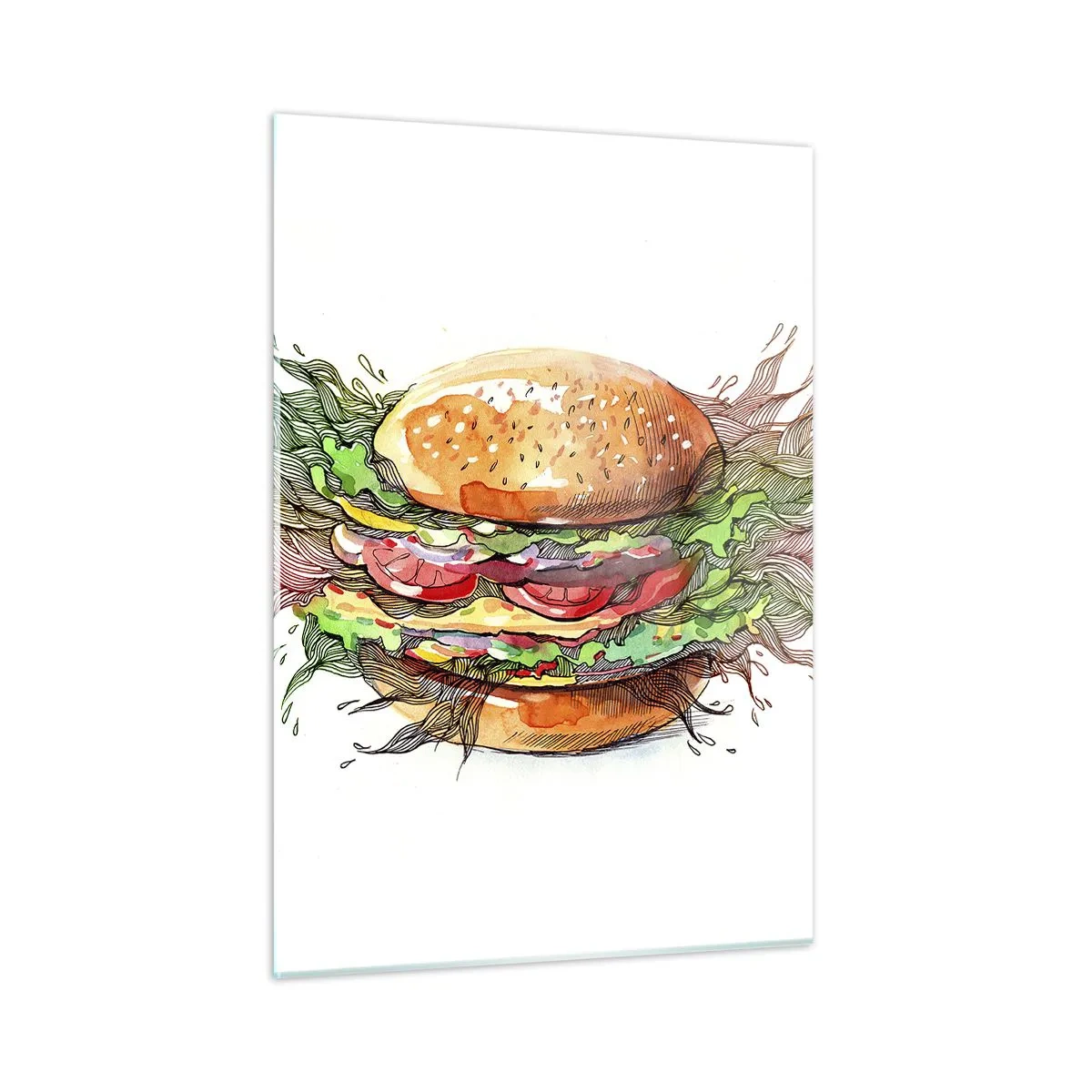 Glasbild - Bild auf glas - Künstlerische Zeichnung eines Burgers mit Aquarelldetails - 50x70cm - Heiße Versuchung - Moderne Wanddekoration für Wohnzimmer und Schlafzimmer ARTTOR
