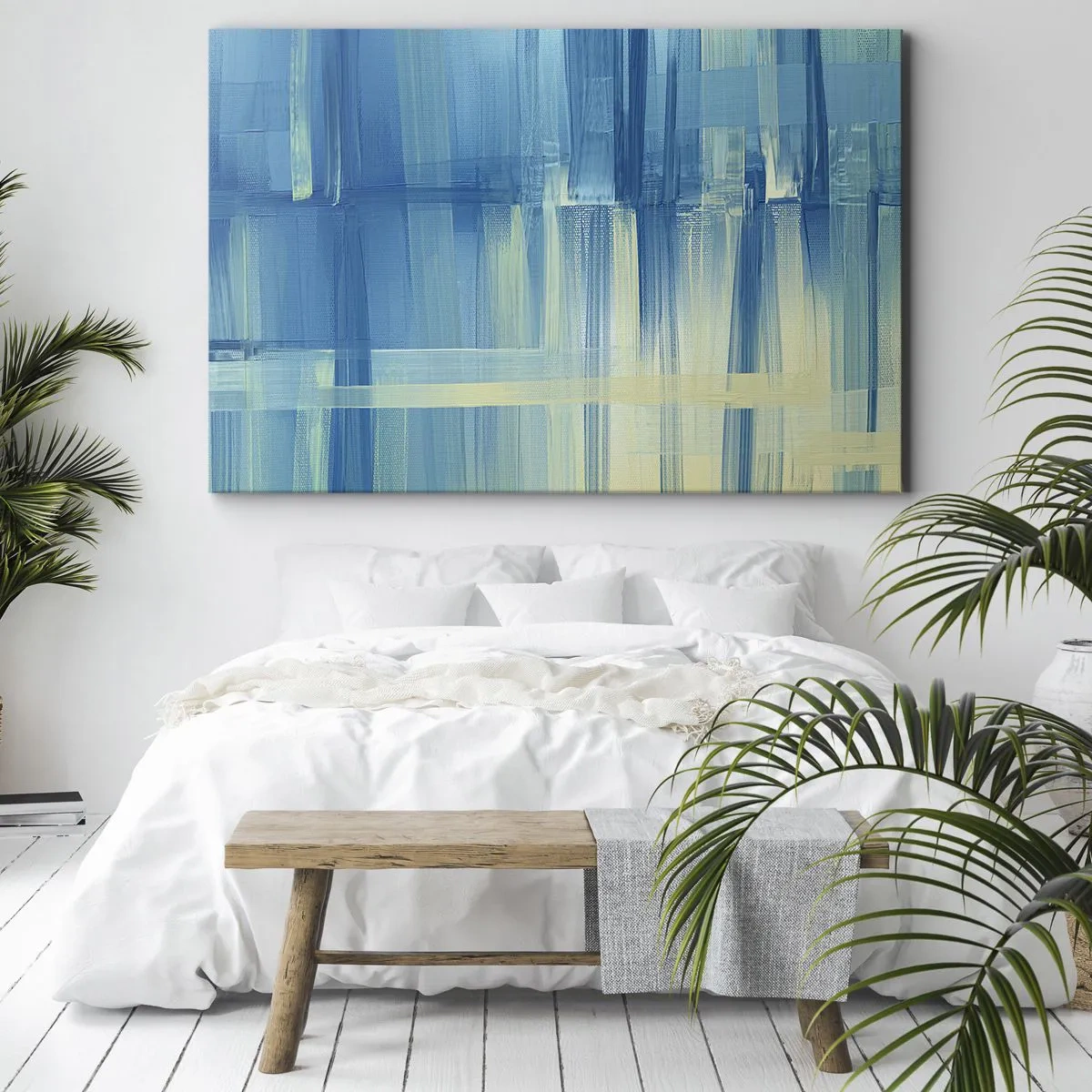 Bild auf Leinwand - Leinwandbild - Ein abstraktes Gemälde in Türkis- und Blautönen mit geometrischen Pinselstrichen. - 70x50cm - Komposition in Türkis - Moderne Wanddekoration für Wohnzimmer und Schlafzimmer ARTTOR