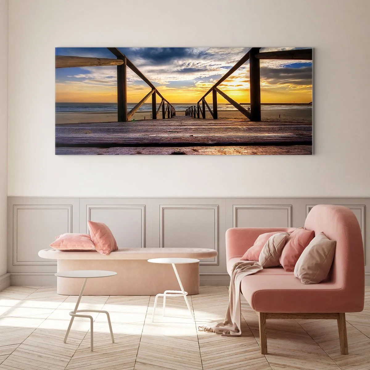 Glasbild - Bild auf glas - Holzsteg zum Strand bei Sonnenuntergang - 140x50cm - Direkt zum ruhigen Strand bei Sonnenuntergang - Moderne Wanddekoration für Wohnzimmer und Schlafzimmer ARTTOR