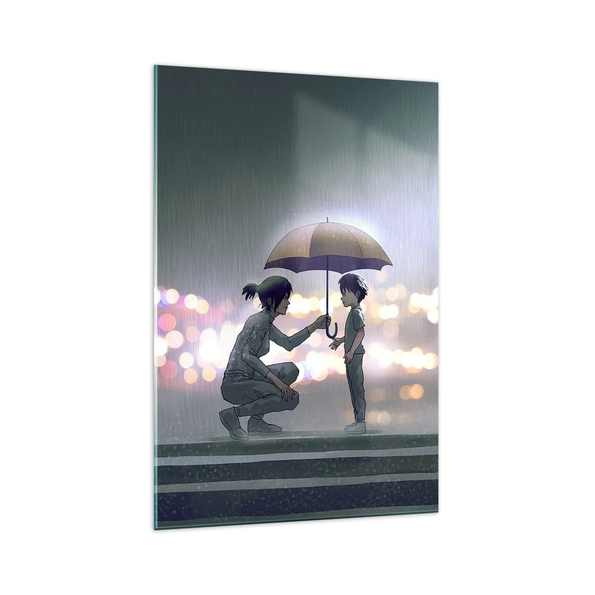 Glasbild - Bild auf glas - Eine Figur mit einem Regenschirm schützt ein Kind vor dem Hintergrund nächtlicher Lichter. - 70x100cm - Und jetzt ist alles in Ordnung - Moderne Wanddekoration für Wohnzimmer und Schlafzimmer ARTTOR