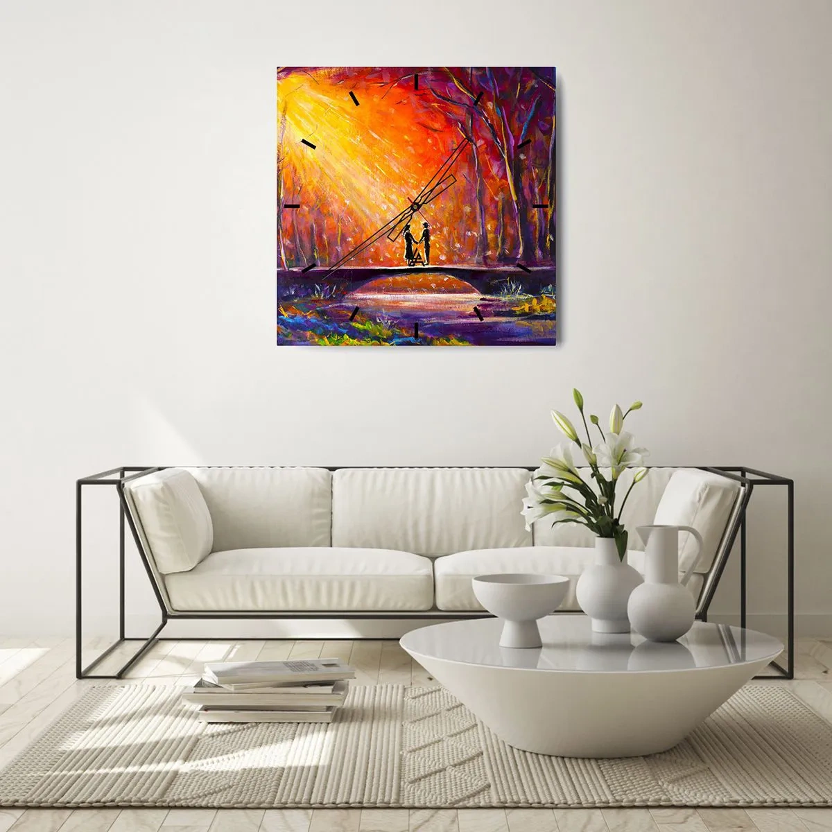 Wanduhr - Glasuhr - Romantisches Paar auf einer Brücke im herbstlichen Wald - 30x30cm - Der Himmel liebt sie auch - Moderne Wanddekoration für Wohnzimmer und Schlafzimmer ARTTOR