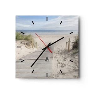 Wanduhr - Glasuhr - Ein Plankenweg, der zu einem Sandstrand führt - 30x30cm - Bis zum Horizont - Moderne Wanddekoration für Wohnzimmer und Schlafzimmer ARTTOR