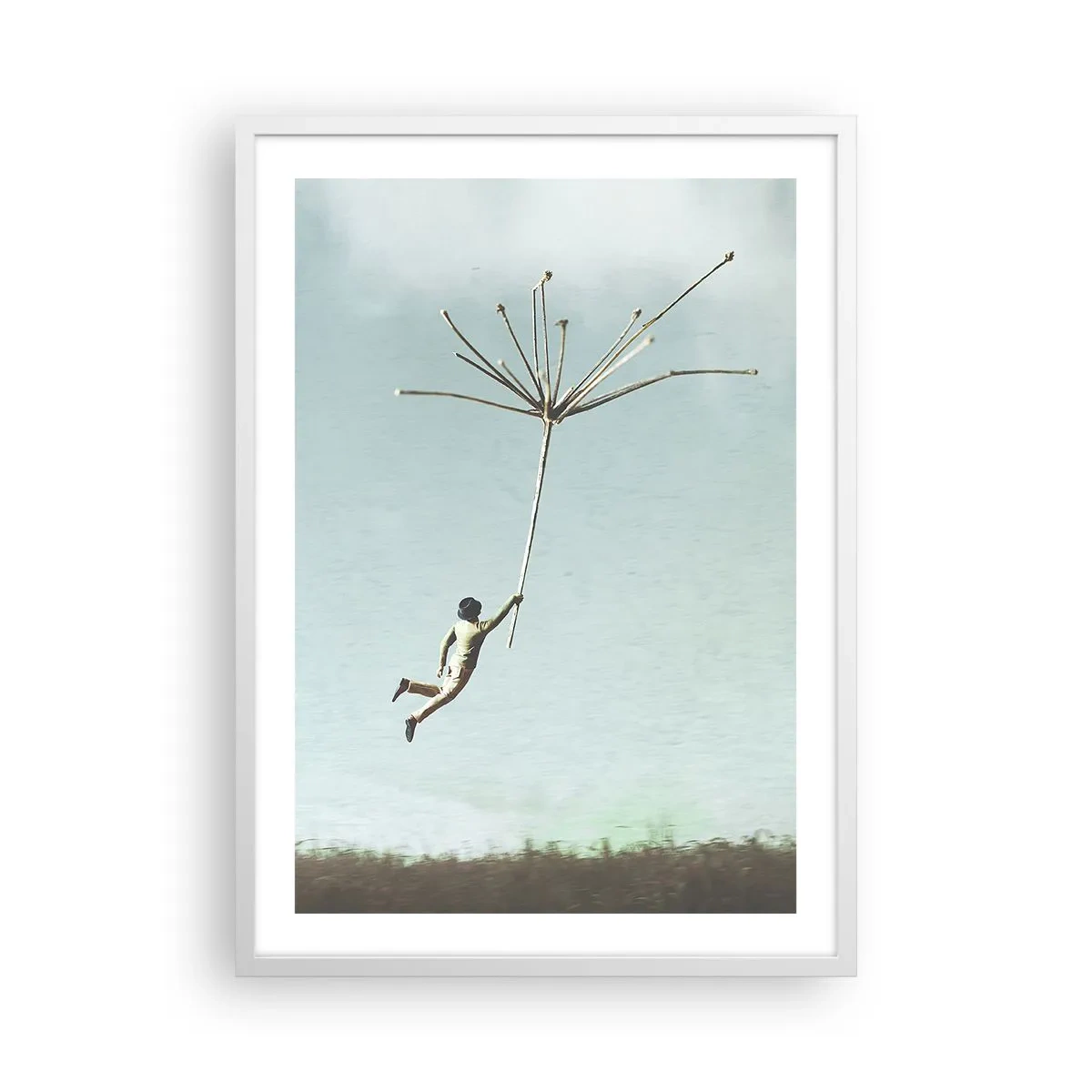 Poster in einem weißen Rahmen - Drachen, Löwenzahn, Wind - 50x70 cm