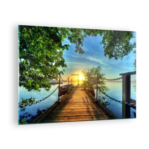 Glasbild - Bild auf glas - Ein Pier mit Blick auf den Sonnenuntergang über dem See - 70x50cm - Westen auf dem Wasser - Moderne Wanddekoration für Wohnzimmer und Schlafzimmer ARTTOR