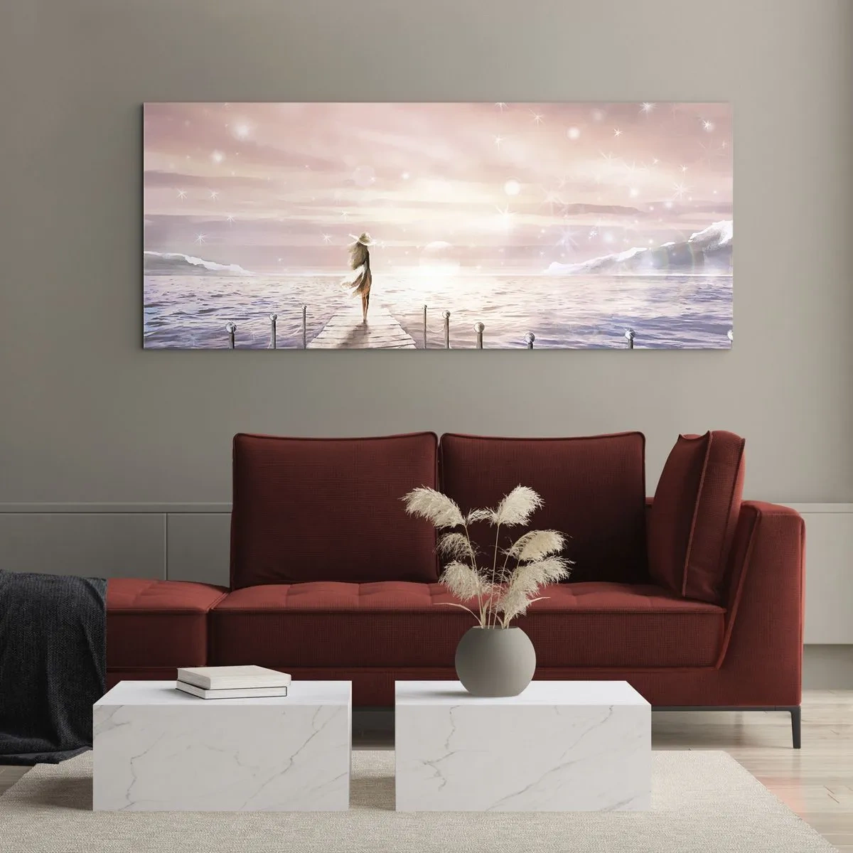Glasbild - Bild auf glas - Eine Frau auf einem Steg in einer magischen Sonnenuntergangskulisse - 120x50cm - Im Licht eines Traums - Moderne Wanddekoration für Wohnzimmer und Schlafzimmer ARTTOR