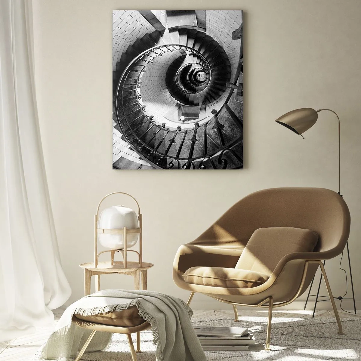 Glasbild - Bild auf glas - Schwarz-Weiß-Foto einer Wendeltreppe in Perspektive - 50x70cm - Höher und höher - Moderne Wanddekoration für Wohnzimmer und Schlafzimmer ARTTOR