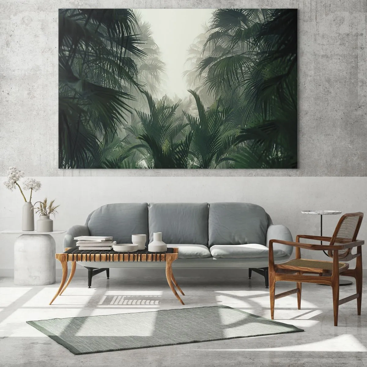 Glasbild - Bild auf glas - Tropischer Dschungel in Nebel gehüllt - 70x50cm - Tropisches Geheimnis - Moderne Wanddekoration für Wohnzimmer und Schlafzimmer ARTTOR