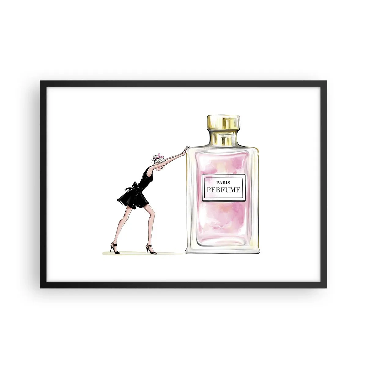 Poster in einem schwarzem Rahmen - Eine Frau in einem schwarzen Kleid neben einer Parfümflasche - 70x50cm - Essenz der Weiblichkeit - Moderne Wanddekoration für Wohnzimmer und Schlafzimmer ARTTOR