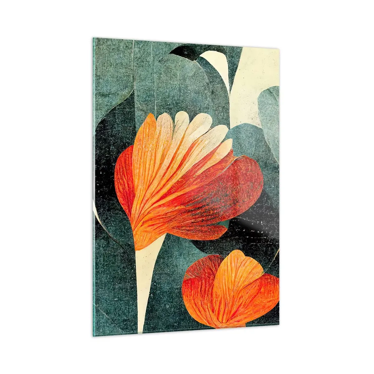 Glasbild - Bild auf glas - Orangefarbene Blüten vor einem Hintergrund aus dunkelgrünen Blättern - 50x70cm - Hitze der Tropen und Kühle des Grüns - Moderne Wanddekoration für Wohnzimmer und Schlafzimmer ARTTOR