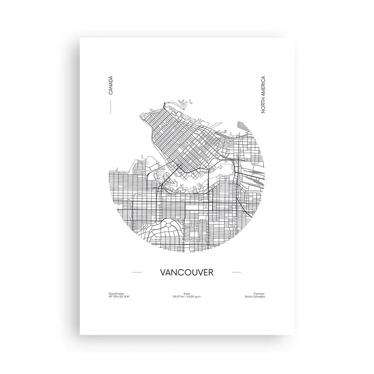 Poster - Eine minimalistische Schwarz-Weiß-Karte von Vancouver - 50x70cm - Anatomie von Vacouver - Moderne Wanddekoration für Wohnzimmer und Schlafzimmer ARTTOR