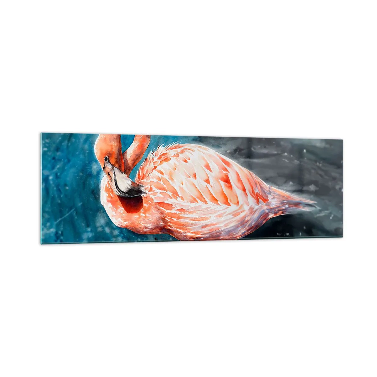 Glasbild - Bild auf glas - Ein rosa Flamingo auf einem aquarellblauen Hintergrund - 160x50cm - Von Natur aus dekorativ - Moderne Wanddekoration für Wohnzimmer und Schlafzimmer ARTTOR