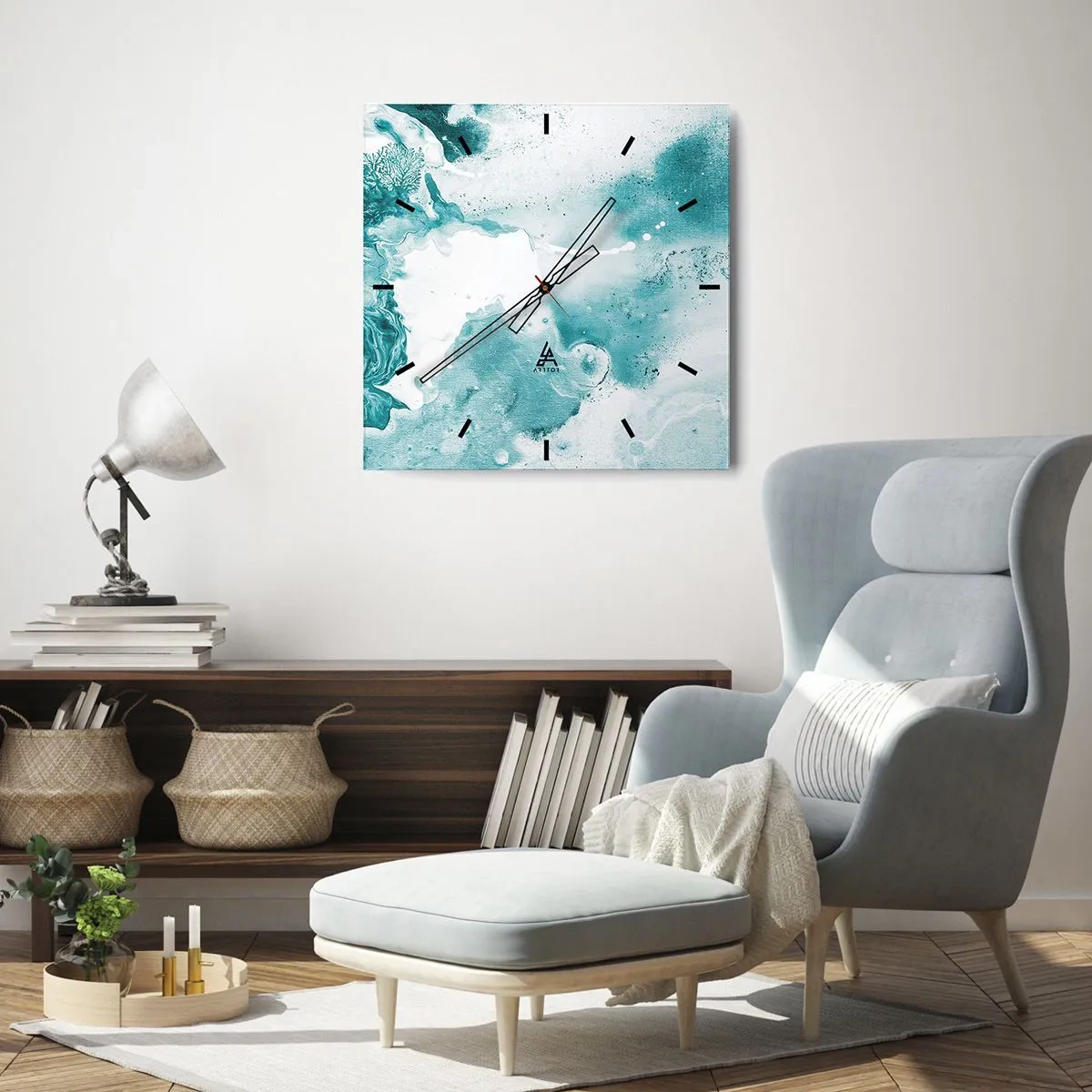 Wanduhr - Glasuhr - Abstraktion in Blautönen mit zarten Akzenten in Weiß - 30x30cm - Morast von Blau - Moderne Wanddekoration für Wohnzimmer und Schlafzimmer ARTTOR