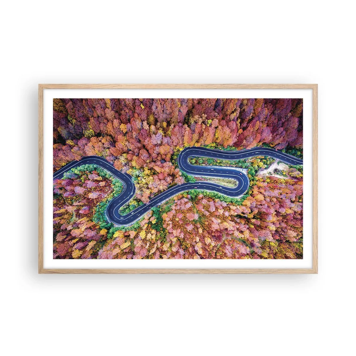 Poster in einem Rahmen aus heller Eiche - Kurvenreicher Weg durch den Wald - 91x61 cm