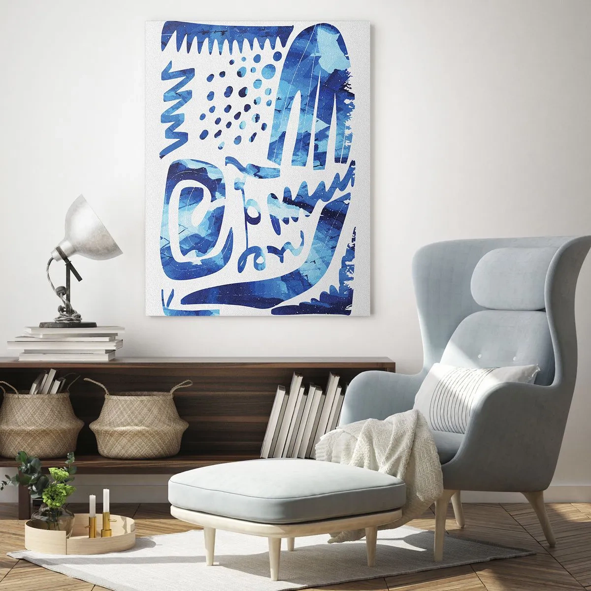 Glasbild - Bild auf glas - Dynamische blaue Abstraktion mit geometrischen Formen - 50x70cm - Zurück zu den Wurzeln - Moderne Wanddekoration für Wohnzimmer und Schlafzimmer ARTTOR