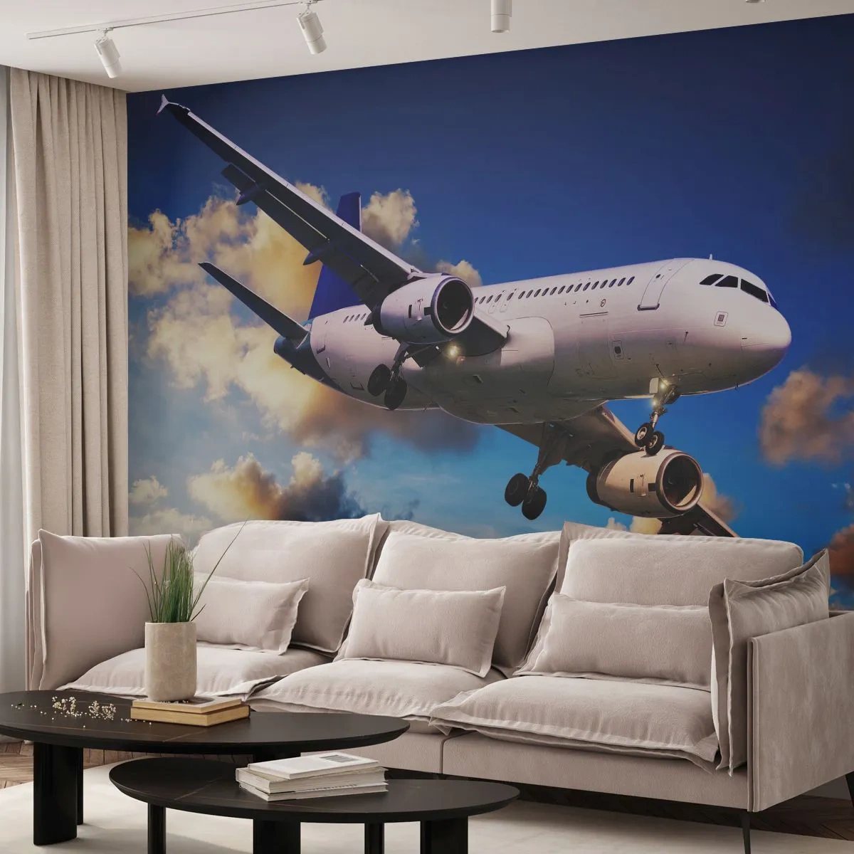 Fototapete Premium Sand - Ein Passagierflugzeug am Himmel bei Sonnenuntergang - 100x70cm - Eine Reise in Weiß und Blau - Moderne Wanddekoration für Wohnzimmer und Schlafzimmer ARTTOR