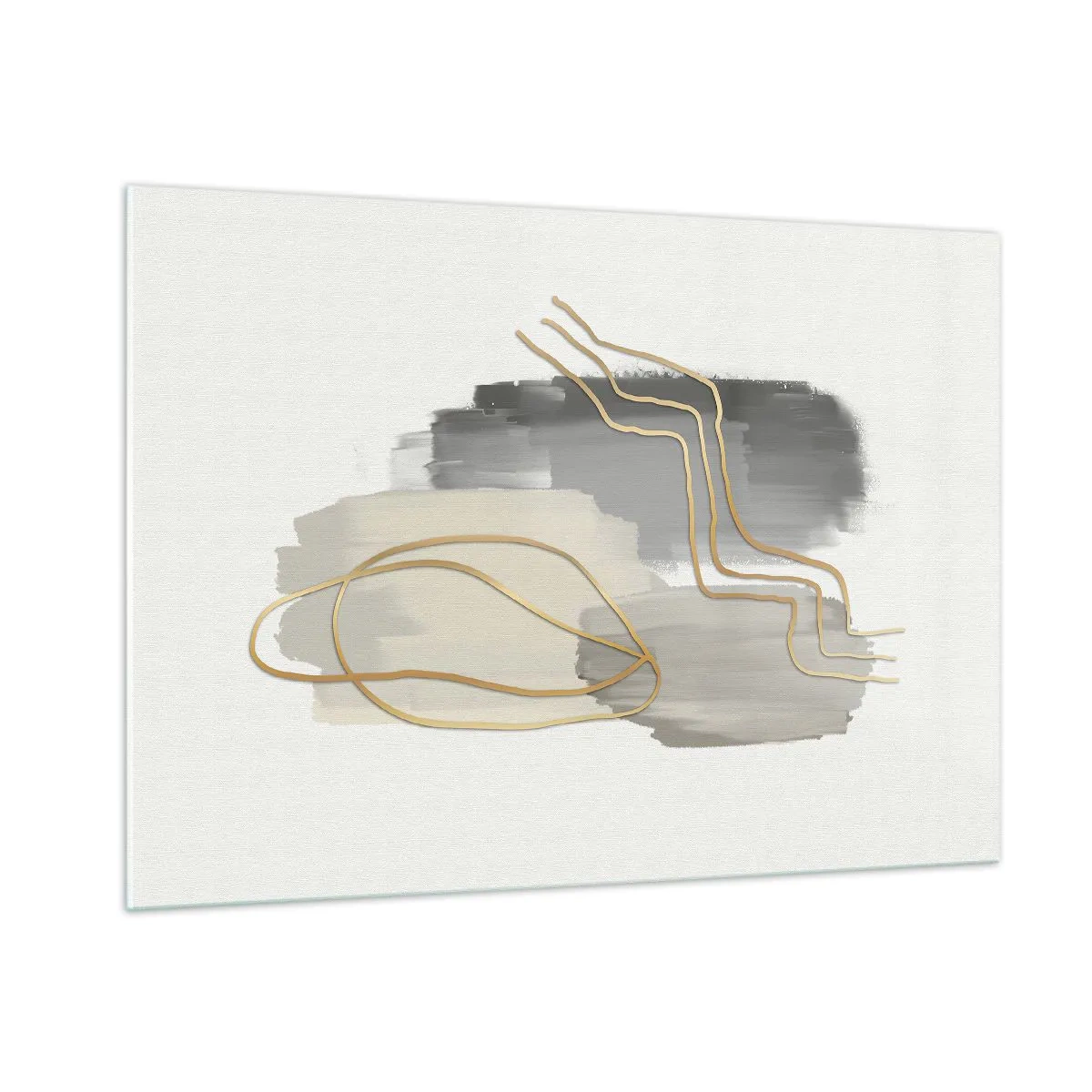Glasbild - Bild auf glas - Abstraktion mit grauen Flecken und goldenen Linien auf hellem Hintergrund - 100x70cm - Dauer und Bewegung - Moderne Wanddekoration für Wohnzimmer und Schlafzimmer ARTTOR