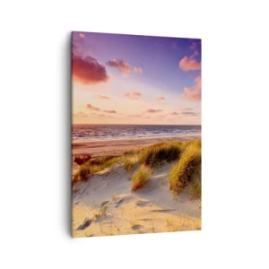 Bild auf Leinwand - Leinwandbild - Ein grasbewachsener Strand und ein Sonnenuntergang über einem ruhigen Meer - 50x70cm - Die Luft riecht schon im Sommer - Moderne Wanddekoration für Wohnzimmer und Schlafzimmer ARTTOR
