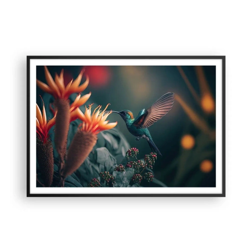 Poster in einem schwarzem Rahmen - Ein bunter Kolibri neben Blumen vor einem natürlichen Hintergrund - 100x70cm - Wirklich buntes Leben - Moderne Wanddekoration für Wohnzimmer und Schlafzimmer ARTTOR