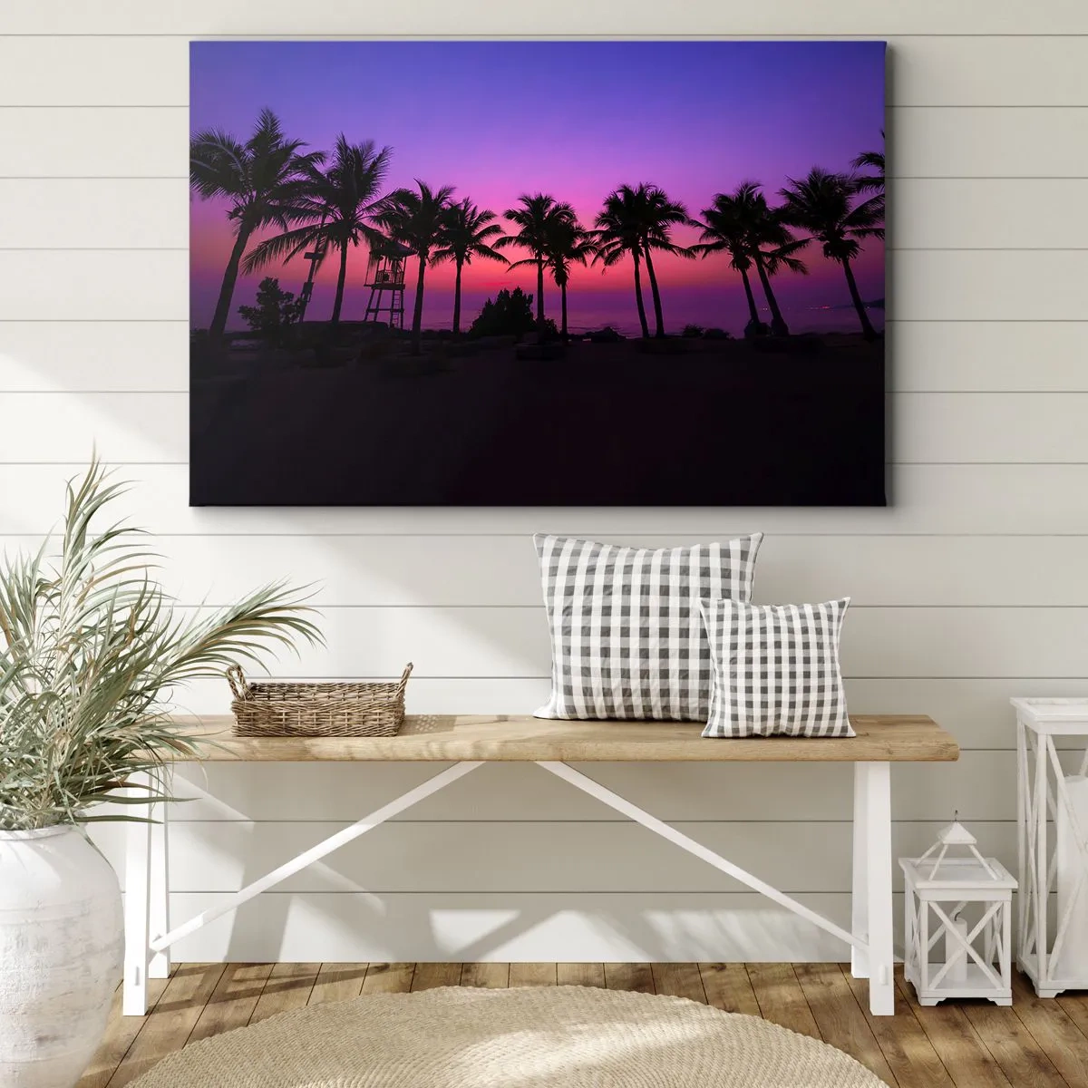 Bild auf Leinwand - Leinwandbild - Silhouetten von Palmen vor einem rosa-violetten Sonnenuntergangshimmel - 120x80cm - Abend unter Palmen - Moderne Wanddekoration für Wohnzimmer und Schlafzimmer ARTTOR