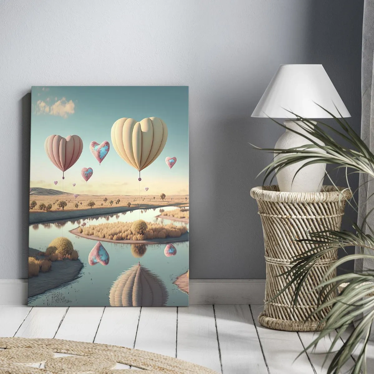 Bild auf Leinwand - Leinwandbild - Herzförmige Ballons schweben über der Landschaft - 50x70cm - Dank Liebe steigt man auf - Moderne Wanddekoration für Wohnzimmer und Schlafzimmer ARTTOR