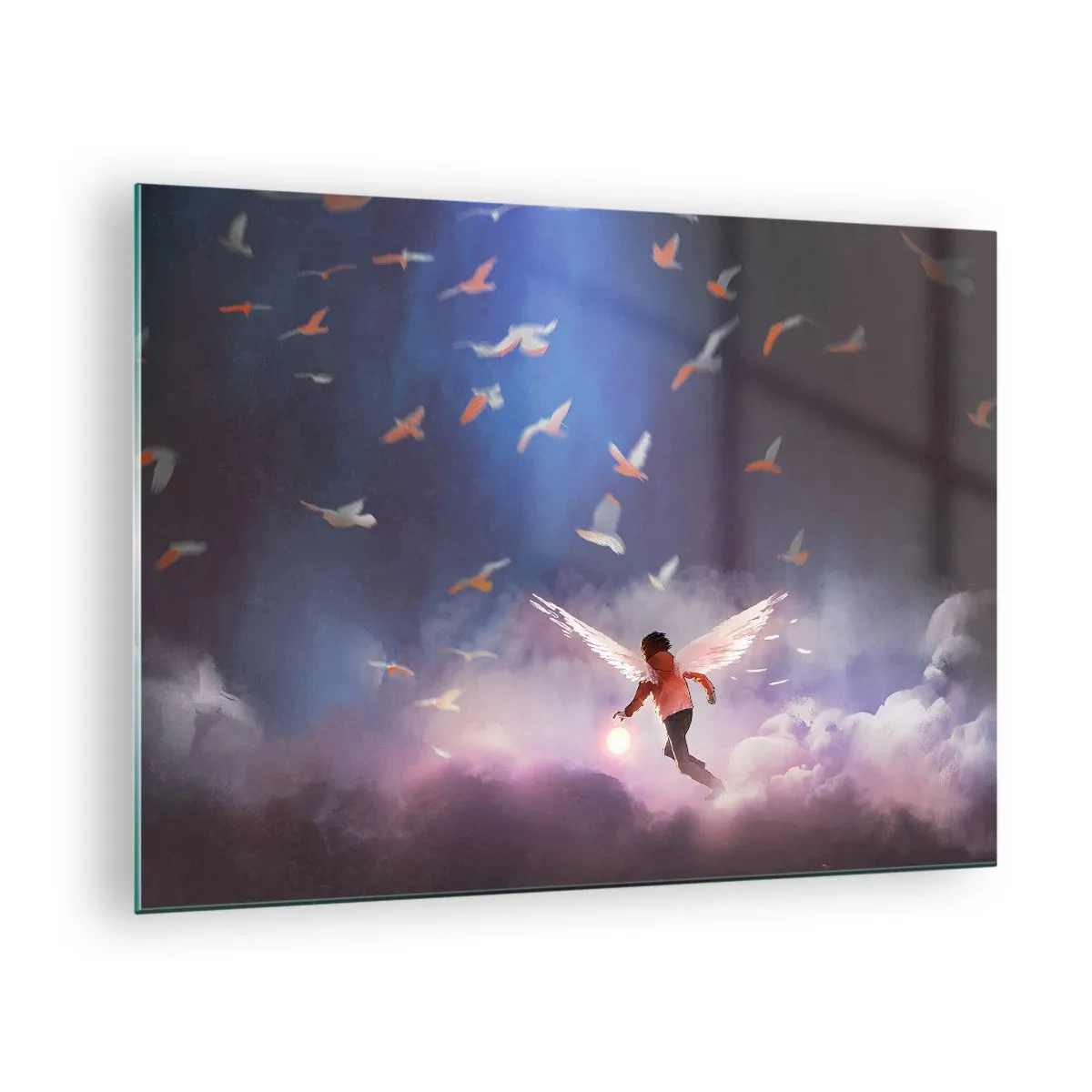 Glasbild - Bild auf glas - Eine Figur mit Engelsflügeln, die zwischen den Wolken schwebt - 70x50cm - Du brauchst Fantasie und Mut - Moderne Wanddekoration für Wohnzimmer und Schlafzimmer ARTTOR