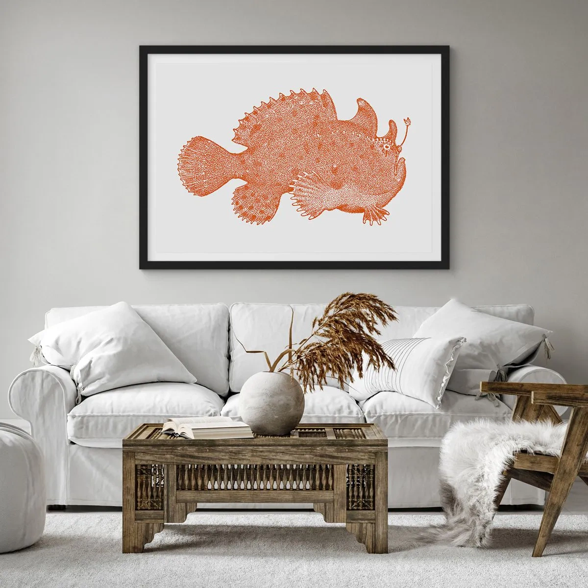 Poster in einem schwarzem Rahmen - Detaillierte Zeichnung eines kupferfarbenen Fisches auf weißem Hintergrund - 70x50cm - Es ist also doch ein Fisch - Moderne Wanddekoration für Wohnzimmer und Schlafzimmer ARTTOR