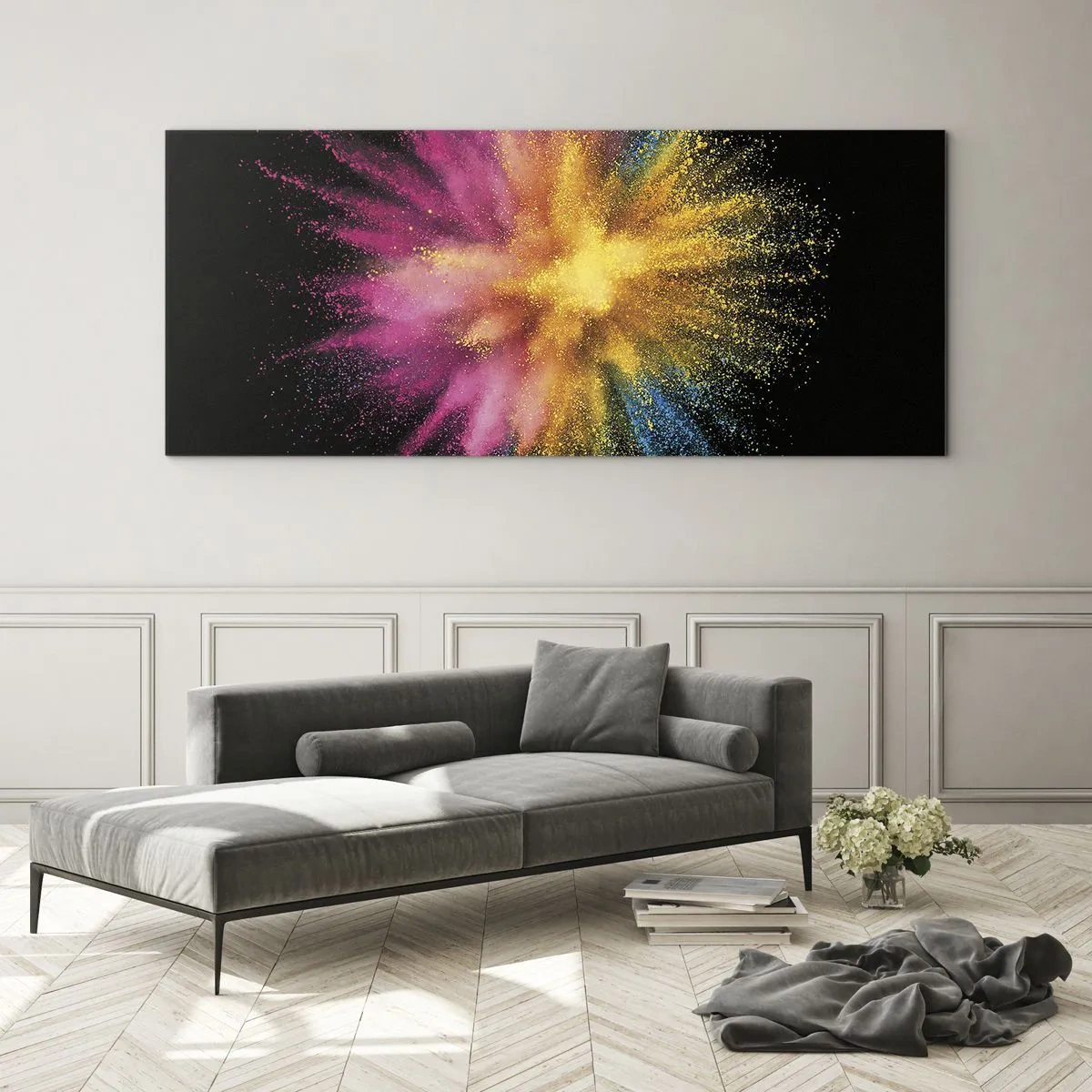 Glasbild - Bild auf glas - Bunte Pulverexplosion auf schwarzem Hintergrund - 160x50cm - Die Geburt der Farben - Moderne Wanddekoration für Wohnzimmer und Schlafzimmer ARTTOR