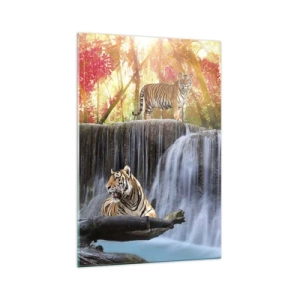 Glasbild - Bild auf glas - Tiger an einem Wasserfall im Herbstwald - 70x100cm - Surreale Landschaft - Moderne Wanddekoration für Wohnzimmer und Schlafzimmer ARTTOR