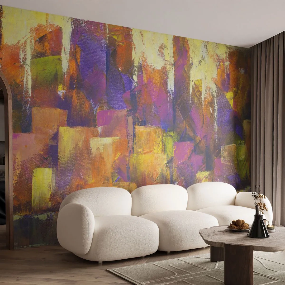 Fototapete Premium Sand - Eine abstrakte Stadt in Lila-, Orange- und Goldtönen. - 100x70cm - Metropolitische Komposition - Moderne Wanddekoration für Wohnzimmer und Schlafzimmer ARTTOR