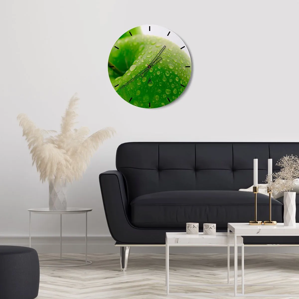 Wanduhr - Glasuhr - Ein grüner Apfel bedeckt mit Wassertropfen - 30x30cm - Grüne kühle Frische - Moderne Wanddekoration für Wohnzimmer, Küche und Schlafzimmer ARTTOR