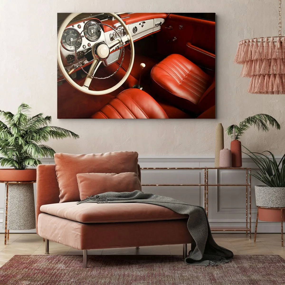 Bild auf Leinwand - Leinwandbild - Oldtimer-Innenraum mit roten Ledersitzen - 100x70cm - Luxus im Vintagestil - Moderne Wanddekoration für Wohnzimmer und Schlafzimmer ARTTOR